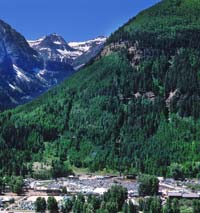 Aerial view of Telluride Town Park, looking east toward the end of the box canyon 